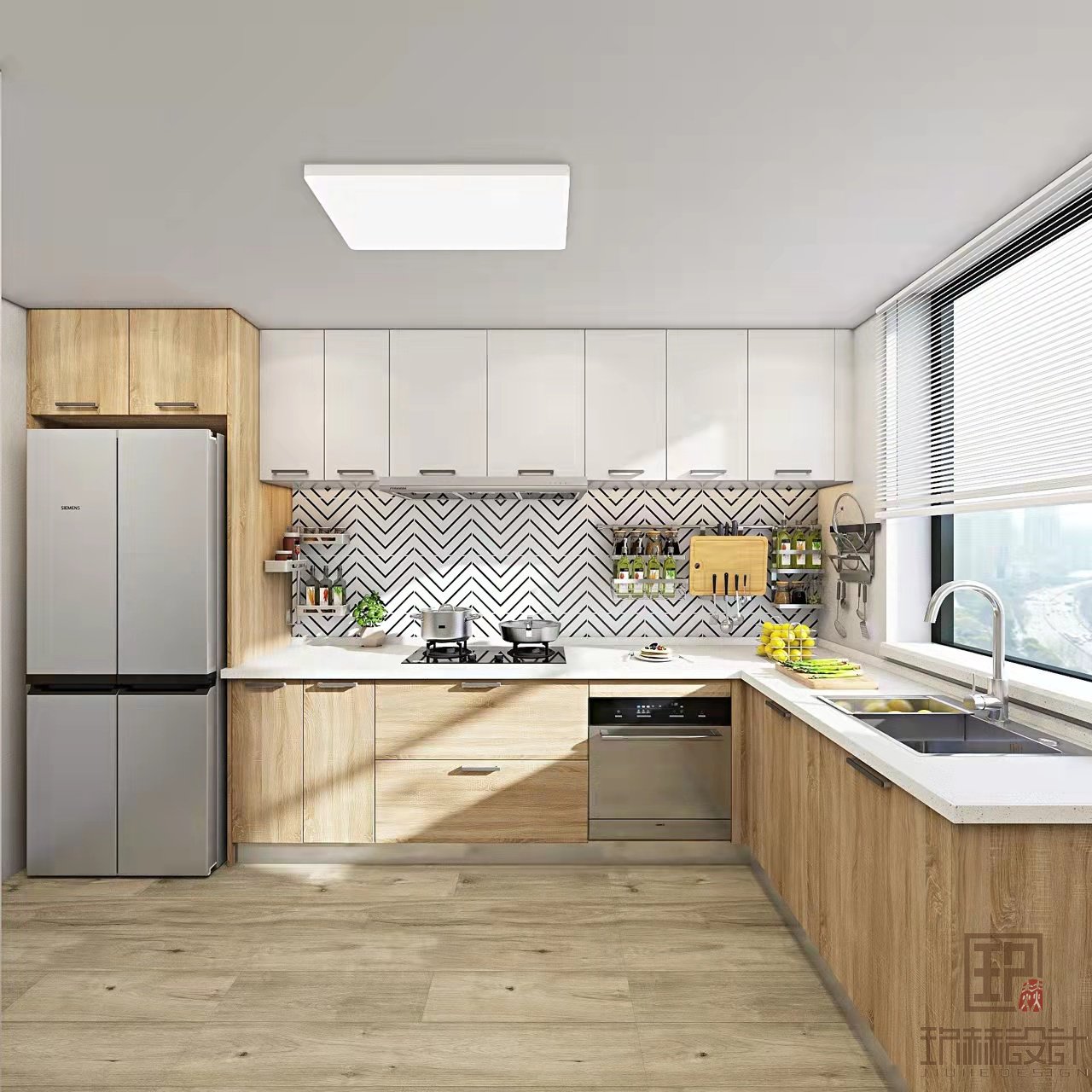 原木风L型开放式厨房装修设计，收纳效果
